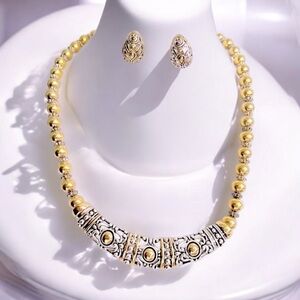 Vintage 2 pc AVON Two Tone metallic beaded necklace and matching earrings set